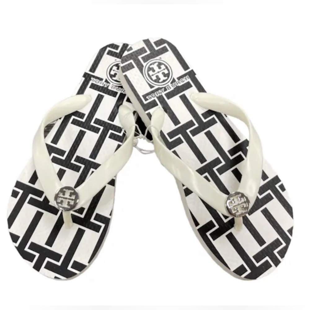 Tory Burch Flip Flops Black Ivory Geometric Insole Silver Logo Sz 7
